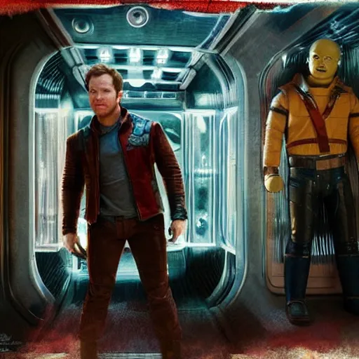 Prompt: the actor chris pratt as star lord posing together with the doll chucky from the movie child's play, inside a starship, oil painting, by greg rutkowski