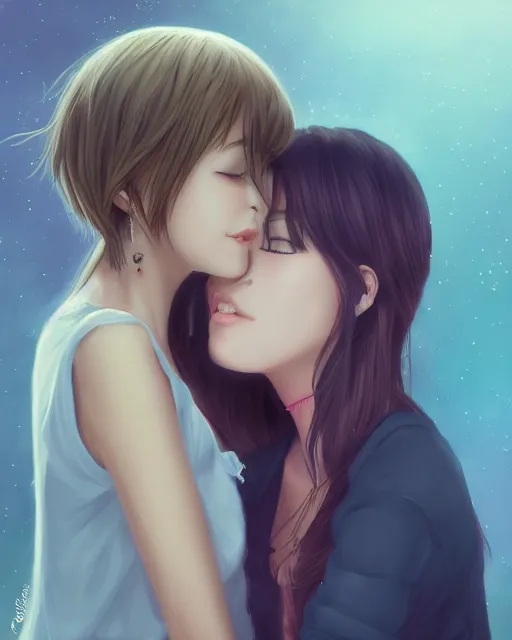 Image similar to portrait of a girl kissing another girl on the neck, anime, trending on Artstation