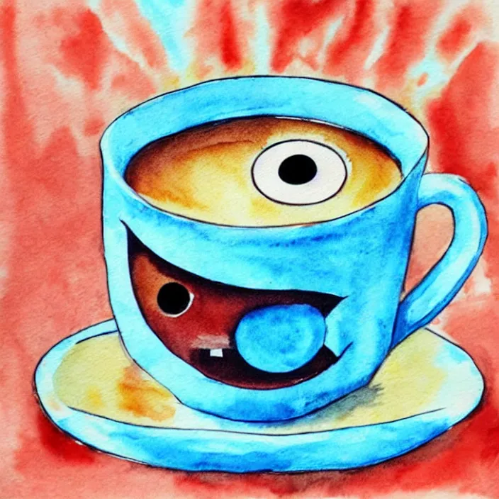 Image similar to cute coffee cup monster with googly eyes, pixar illustration, watercolor splash, dreamworks