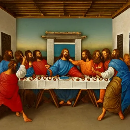 Image similar to The Last Supper, with acrobats