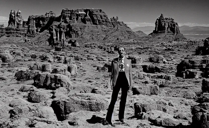 Image similar to portrait of salvador dali wearing a crown and golden dress with jewels in a dry rocky desert landscape, visible sky and sunny atmosphere, alien ruins by giger in the background, film still from the movie by alejandro jodorowsky with cinematogrophy of christopher doyle and art direction by hans giger, anamorphic lens, kodakchrome, very detailed photo, 8 k