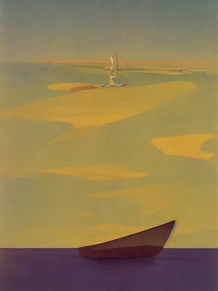 Image similar to a neo retro poster a boat near dune du Pilat, australian tonalism, pale gradients design, matte drawing, clean and simple design, outrun color palette. painted by Morandi, Agnes Pelton