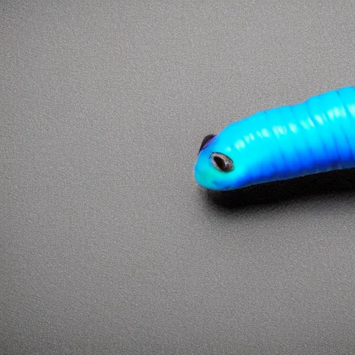 Image similar to studio photograph of a matte dark gray worm with a neon blue head and tail