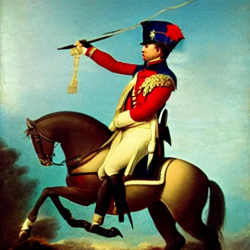 Image similar to photo, napoleon bonaparte sits on twine with his legs widely spread