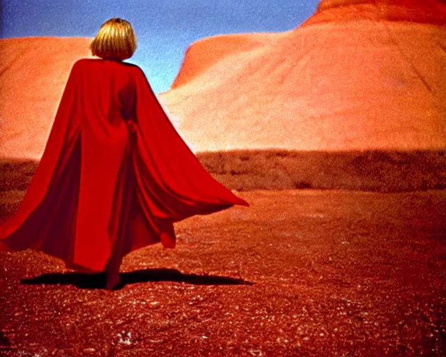 Image similar to by bruce davidson, by andrew boog faithfull redscale photography evocative. a mystical woman in scarlet robes, conical hot in front of a desert mesa.