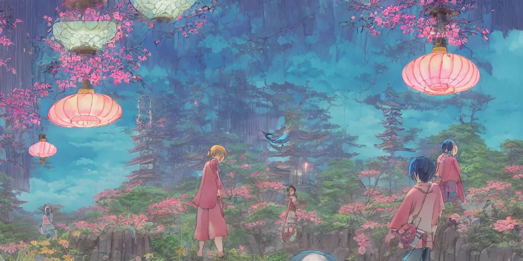 Image similar to bathhouse and nature, japanese, lanterns. watercolor art, expansive cinematic view, volumetric shading, intricate and detailed, highly saturated colors. breath of the wild style, by hayao miyazaki ghibli!!!. pastel!! pink!! accents. trending on artstation. award winning