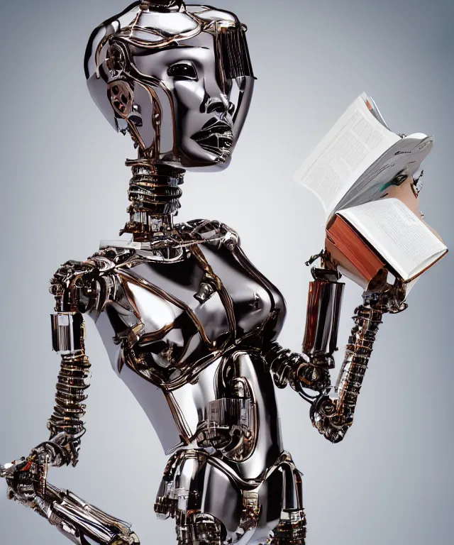 Image similar to a liquid metal robot is holding a fashion magazine and the magazine shows victoria's secret model and robot's head is partially moprhed into the model, realistic, 4 k