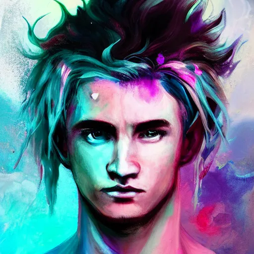 Prompt: dramatic lighting photo of a magical young male wizard with cotton candy hair. paint splashes. moody and melancholy. with a little bit of cyan and pink