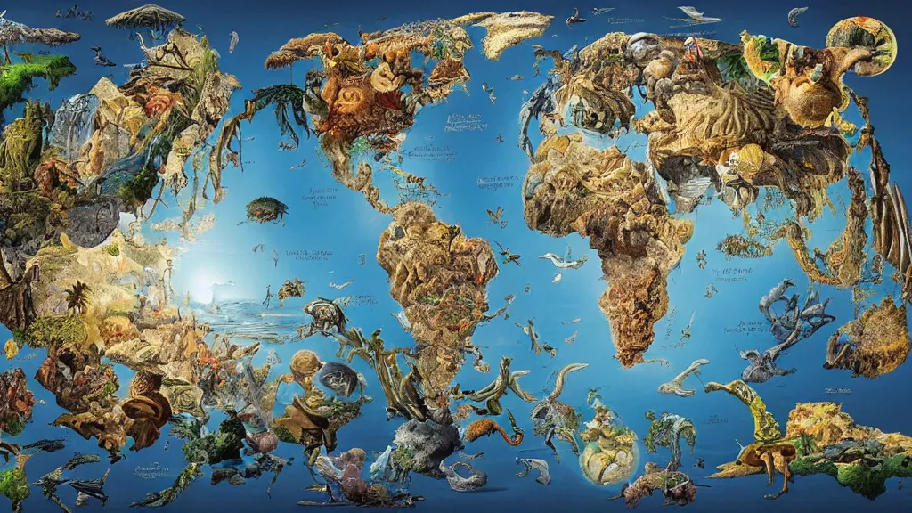 Prompt: surreal world map of languages in the styles of igor morski, jim warren, and rob gonsalves, intricate, robinson projection, accurate geography, volumetric lighting, serene, imaginative