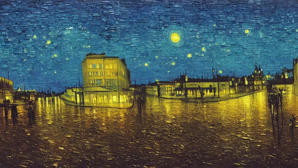 Prompt: City at night Landscape oil painting by Zdzisław Beksiński and Van Gogh