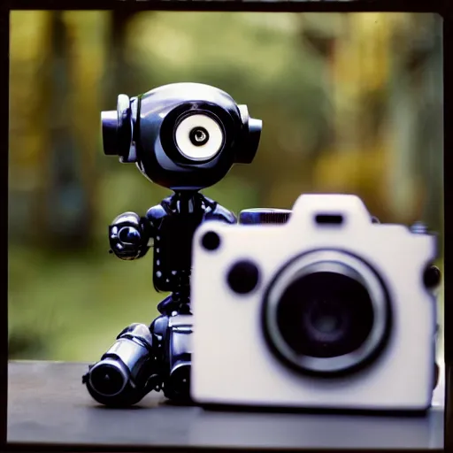 Prompt: portrait of a robot with camera eyes, bokeh, anne leibovitz