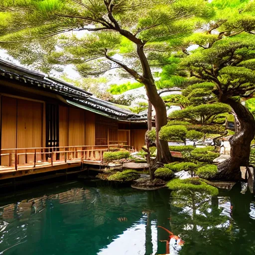 Prompt: inside a cozy wooden Japanese house with a indoor koi pond, bonsai trees, stream flowing through the house, unseen marine life, golden hour, peaceful, calm, atmospheric