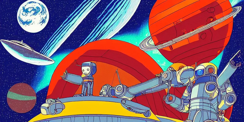 Image similar to traditional drawn colorful animation a symmetrical portrait of lonely single Takeshi Kitano alone pilot in posing comet tail in robot platform deck wheelhouse spaceship station planet captain bridge outer worlds robots extraterrestrial hyper contrast well drawn Metal Hurlant Pilote and Pif in Jean Henri Gaston Giraud animation film The Masters of Time FANTASTIC PLANET La planète sauvage animation by René Laloux