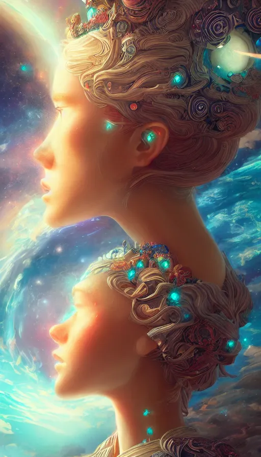 Prompt: a beautiful goddesses, planets crashing, highly detailed, profile, dreaming, digital painting, refreshing, trending on artstation, octane render, illustration by james jean