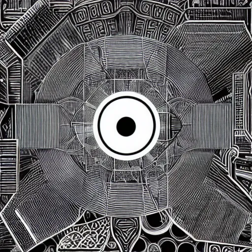 Image similar to a faint yin - yang daoist symbol superimposed on the futuristic cityscape in a utopian well - organized society, black and white multiscale