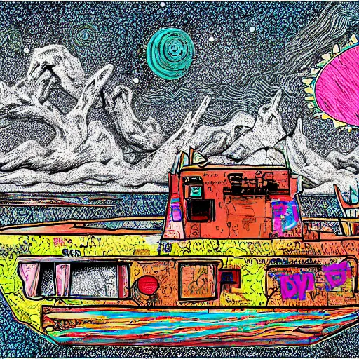 Prompt: an abandoned ship on the aral sea desert, in the style of daniel johnston and outsider art, 8 k, line brush, graduated colors, overlaid with cyrillic adverts