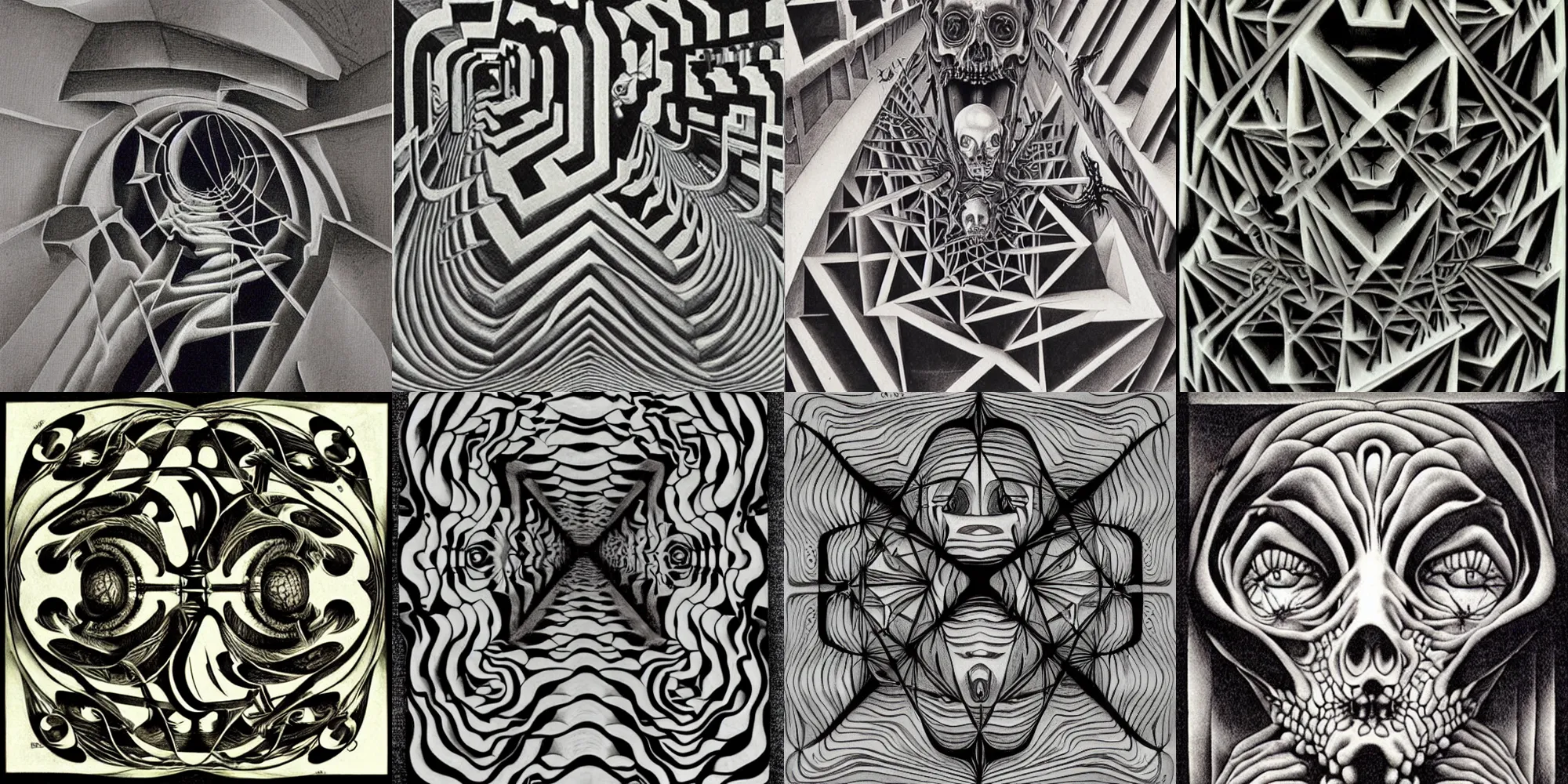 Prompt: spooky, scary art by Maurits Cornelis Escher, detailed, mathematical art