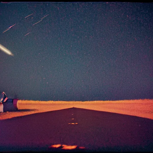 Prompt: photograph of a lonely astronaut sitting at remote bus stop at night, a glowing meteor behind him, overhead lighting, tranquil, desolate, hazy, atmospheric, autochrome