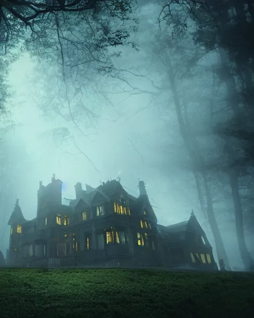 Image similar to a wide angle low photo of a colossal haunted victorian mansion on the edge of a cliff above a misty forest at night, volumetric light, epic proportions, ectoplasm, mystical, occult, alchemy, ultra detailed, 8 k