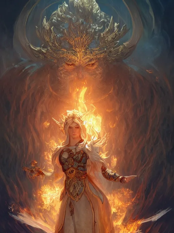 Image similar to summoner with a fire and water elemental, fantasy, world of warcraft, intricate, elegant, highly detailed, digital painting, artstation, concept art, wallpaper, smooth, sharp focus, illustration, art by artgerm and greg rutkowski and alphonse mucha