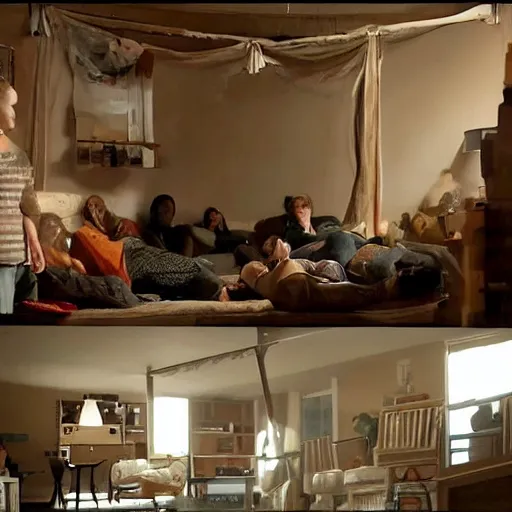 Prompt: a living room with the furniture hanging from the ceiling and people sleeping peacefully on the floor. Long shot from a movie.