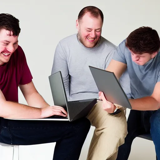 Image similar to several guys looking at a laptop screen laughing, colour photograph, studio light 35mm