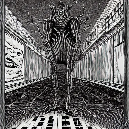 Prompt: creature standing in the middle of the street by Junji Ito and Keith Thompson, eerie, horror, scary, ominous, 8k, highly detailed