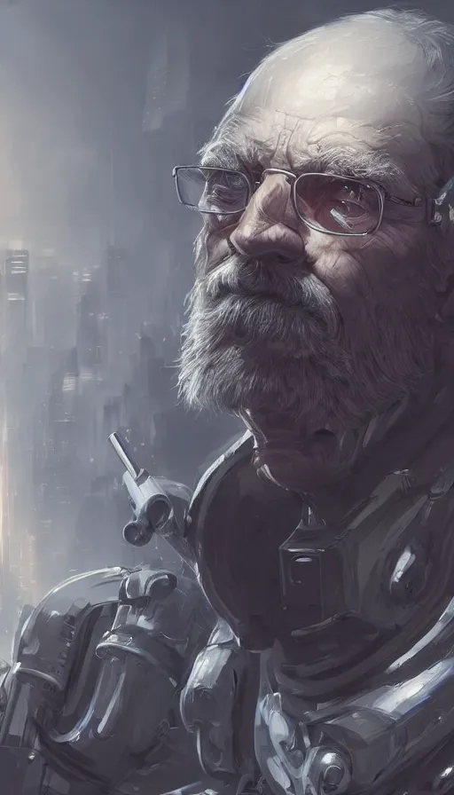 Prompt: masterpiece ultra realistic illustration of an old man cyborg, dramatic, cinematic, ambient, unreal engine 5, cyberpunk, sci-fi fantasy. in the style of wlop, rossdraws, artstation trending.