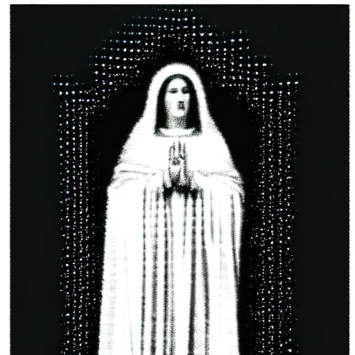 Image similar to vhs static overlay of marian apparition, vhs, 1 9 9 0, highly realistic, highly detailed, vhs noise static, black and white, vhs glitch