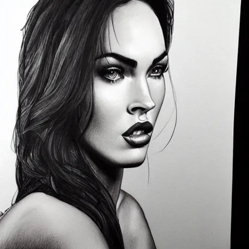 Image similar to megan fox portrait, hyper - realistic black and white drawing, amazing detail, in the style of den yakovelv