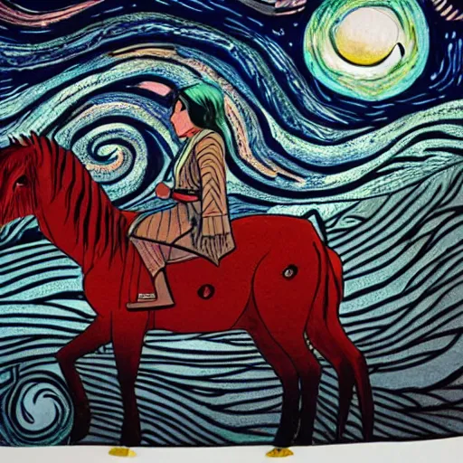 Prompt: navajo red by zeen chin, by sam bosma placid, bleak. a beautiful street art of a woman with long flowing hair, wild animals, & a dark, starry night sky.