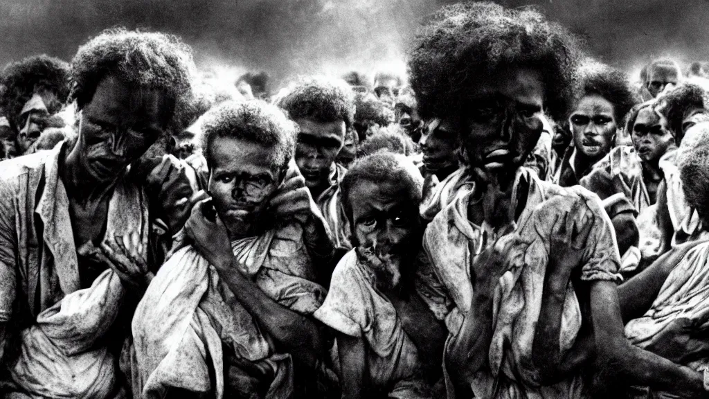 Image similar to 1984 Ethiopian famine, Live Aid, atmospheric, dark, portrait picture, movie scene, hd, 4k, wide angle