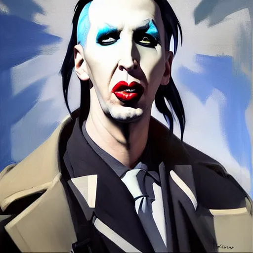 Prompt: Greg Manchess portrait painting of Marilyn Manson as Overwatch character, medium shot, asymmetrical, profile picture, Organic Painting, sunny day, Matte Painting, bold shapes, hard edges, street art, trending on artstation, by Huang Guangjian and Gil Elvgren and Sachin Teng