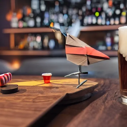 Image similar to a 3 d rendered movie still, 4 k, wide - angle medium - shot. at the bar, a tall frosty mug of root beer is on the bar, next to a small origami bird. a dart board on a wall in the background. it's happy hour, high - energy. imax, 7 0 mm dramatic lighting, digital art, photorealistic blade runner