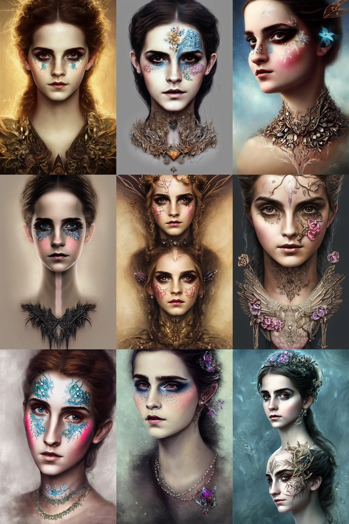 Prompt: portrait of fairy, symmetric, facepaint facepaint facepaint, intricate jewelry, trending on artstation 4 k, high quality, in the style of karol bak and tom bagshaw, bust with face of emma watson, raytraced, subsurface scattering