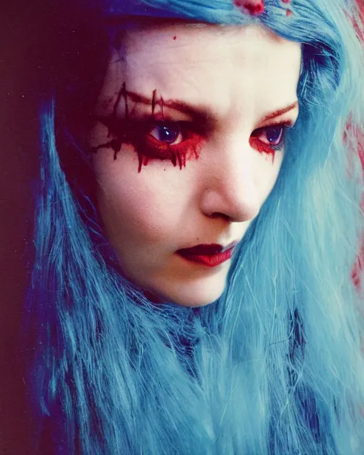 Image similar to an instant photo of a beautiful but sinister woman in layers of fear, with haunted eyes and blue hair, 1 9 7 0 s, seventies, delicate embellishments, a little blood, crimson, painterly, offset printing technique, mary jane ansell