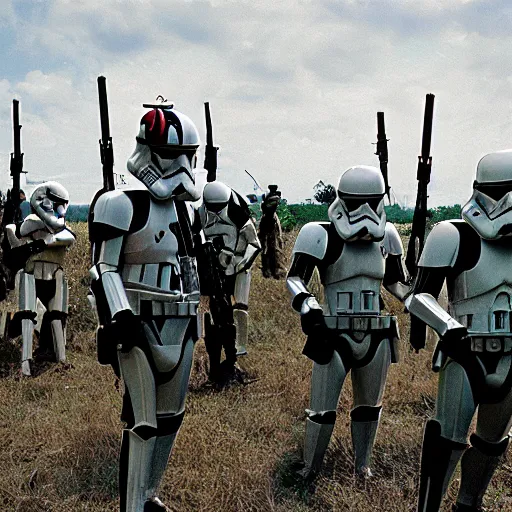 Prompt: star wars clone troopers offer aid to soldiers in vietnam, photo, old picture, lush landscape, field, firearms, war, bombs, explosions, x - wings, tie fighters, star wars droids