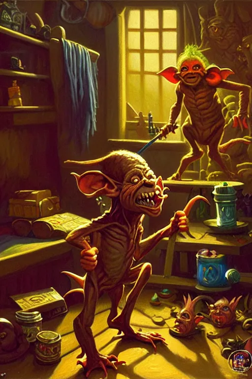 Prompt: iconic oil painting, a mischievous goblin, as a dnd character, inside a cluttered bedroom, cottagecore, highly detailed, digital illustration, concept art, smooth, sharp focus, art by tim hildebrandt, and greg hildebrandt