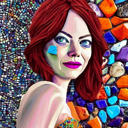 Image similar to detailed colorful'emma stone'in zeugma mosaic, artstation, many small and colorful stones, extreme detail, red hair