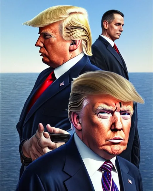 Image similar to Portrait of Donald Trump & FBI officers at Key Largo,real life skin, intricate, elegant, highly detailed, artstation, concept art, smooth, sharp focus, art by artgerm and greg rutkowski and alphonse mucha