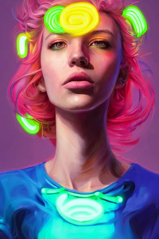 Image similar to a award winning half body portrait of a beautiful woman with stunning eyes in a croptop and cargo pants with rainbow colored hair, outlined by whirling illuminated neon lines and fine lines swirling in circles by jesper ejsing, rhads, makoto, shinkai, lois van baarle, digital art, trending on artstation