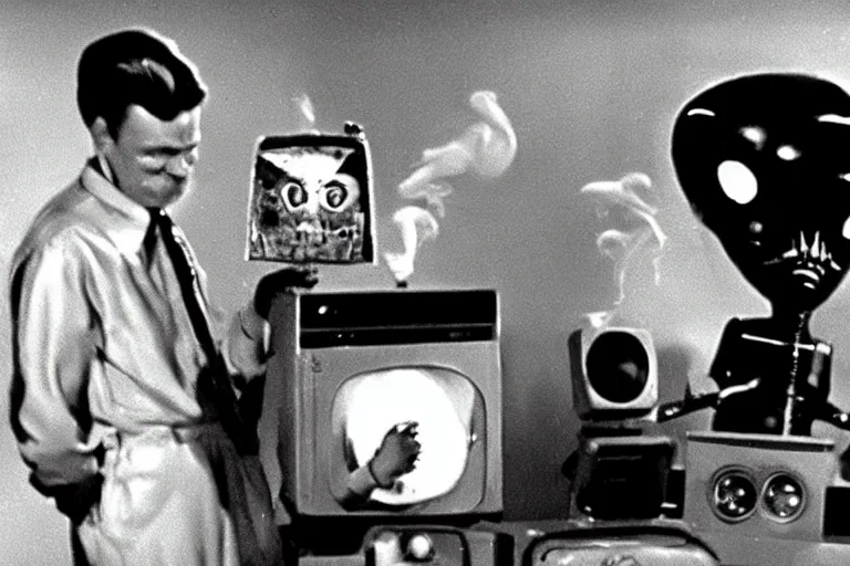 Prompt: a subgenius with smoking pipe is shocked and sees an alien on his television in his living room. sparks and smoke come out of the television. film still from 1 9 5 0 s sci - fi
