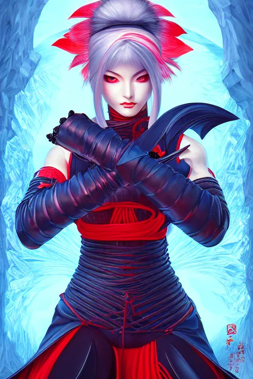 Prompt: portrait of a very beautiful female ninja gaiden momiji, stormy snowy fiji mountain, angular and altermodern, highly detailed, artstaion, digital painitng, radiant light, ultrafine detailed illustration by james jean, wlop and artgerm,