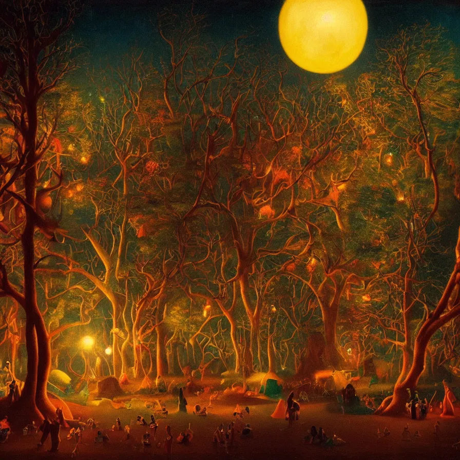 Image similar to closeup of a night carnival inside a magical tree cavity, with a surreal orange moonlight and fireworks, next to a lake with iridiscent water, christmas lights, folklore animals and people disguised as fantastic creatures in a magical forest by summer night, masterpiece painted by harry watrous, scene by night, dark night environment, refraction lights, glares