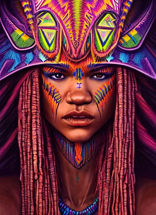 Image similar to portrait of zendaya, hyper detailed ultra sharp aztec shaman warrior. trending on artstation, warpaint aesthetic, bloodwave, colorful, psychedelic, ornate, intricate, digital painting, concept art, smooth, sharp focus, illustration, art by artgerm and greg rutkowski and h. r. giger, 8 k