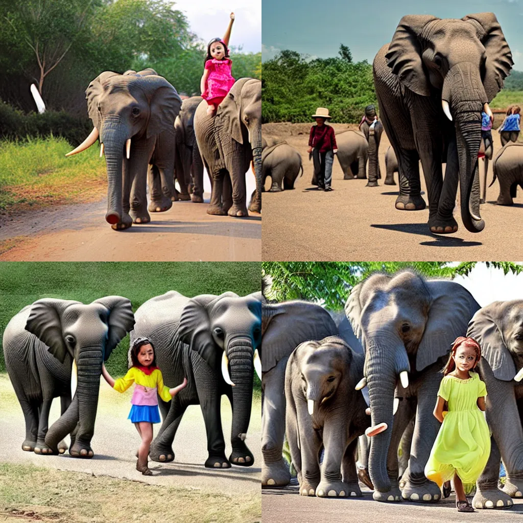 Prompt: a little girl leads a parade of elephants