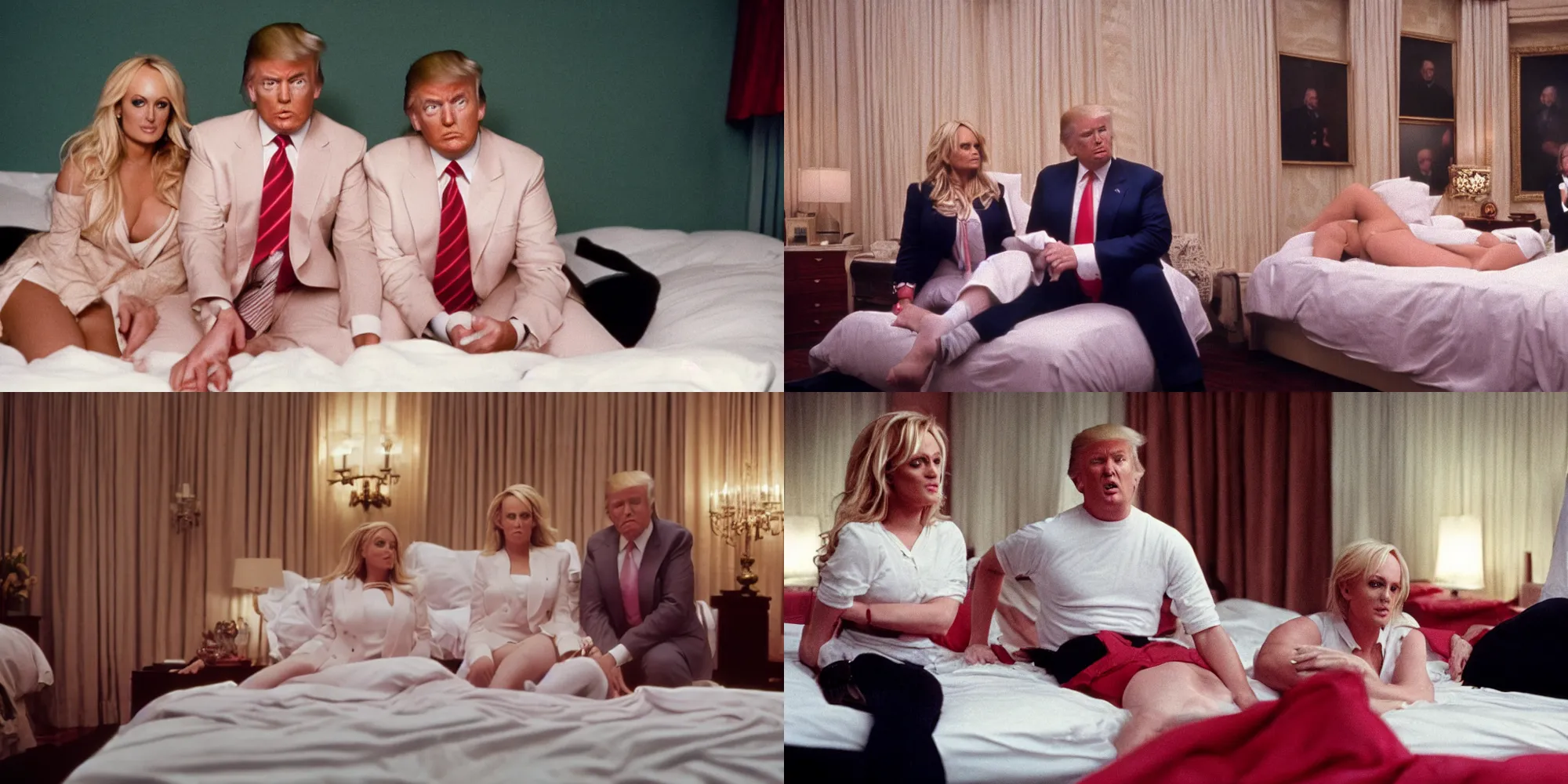 Prompt: donald trump next to a fully clothed stormy daniels on a bed directed by wes anderson, cinestill 8 0 0 t, 1 9 8 0 s movie still, film grain