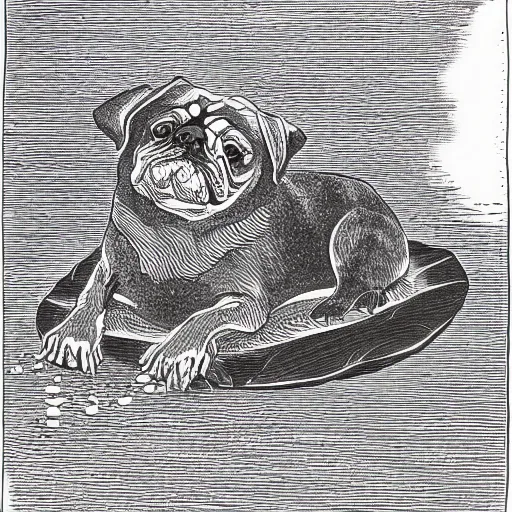 Prompt: adorable pug sleeping on a lily pad leaf in a dark pond, detailed illustration in dotted, black and white, in the style of gustave dore's dante's inferno.