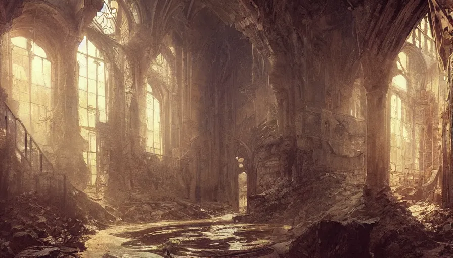 Image similar to a beautiful intricate painting of a abandoned dungeon, reflections, very high details by william turner art, greg rutkowski and alphonse mucha, trending on artstation, very very detailed, masterpiece,