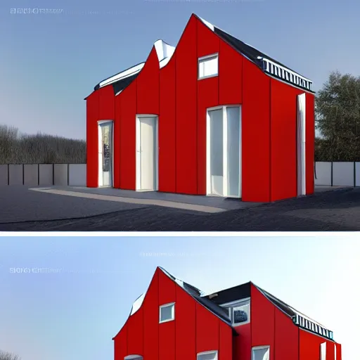 Prompt: a modern half - timbered house with a red door and windows, a digital rendering by schelte a bolswert, featured on polycount, de stijl, reimagined by industrial light and magic, angular, symmetrical